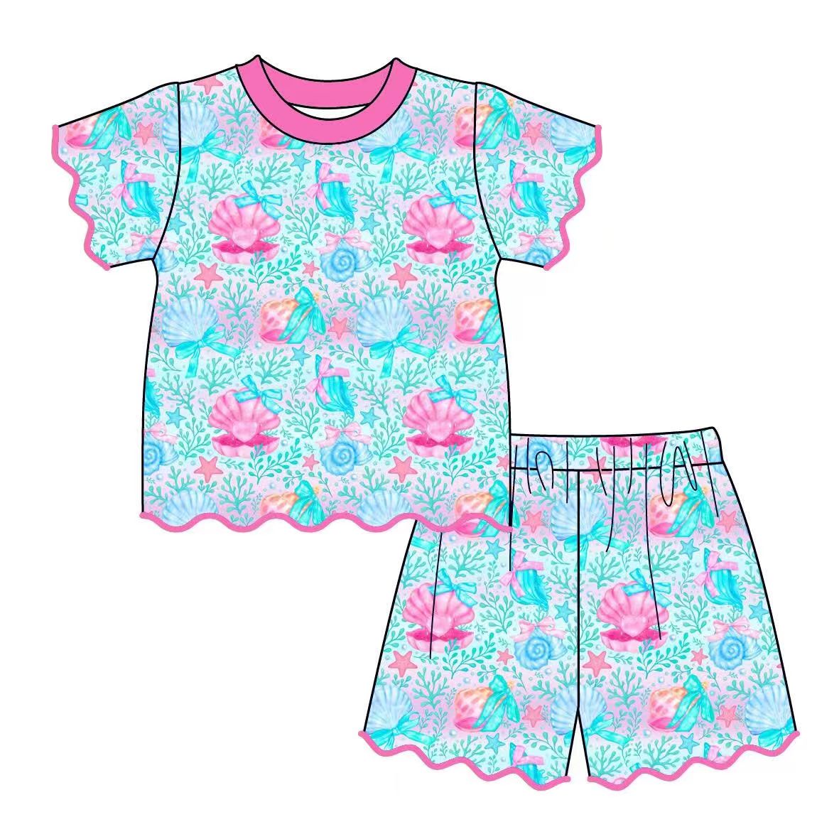 (Preorder new) No moq GSSO3876 Baby Girls Print Pink Ruffle Short Sleeve Top And Ruffle Shorts Summer Set