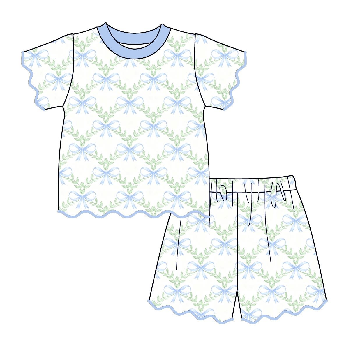 (Preorder new) No moq GSSO3877 Baby Girls Blue Bow Green Leaf Lattice Print Light Blue Scallop Ruffle Short Sleeve Top And Ruffle Shorts Summer Set