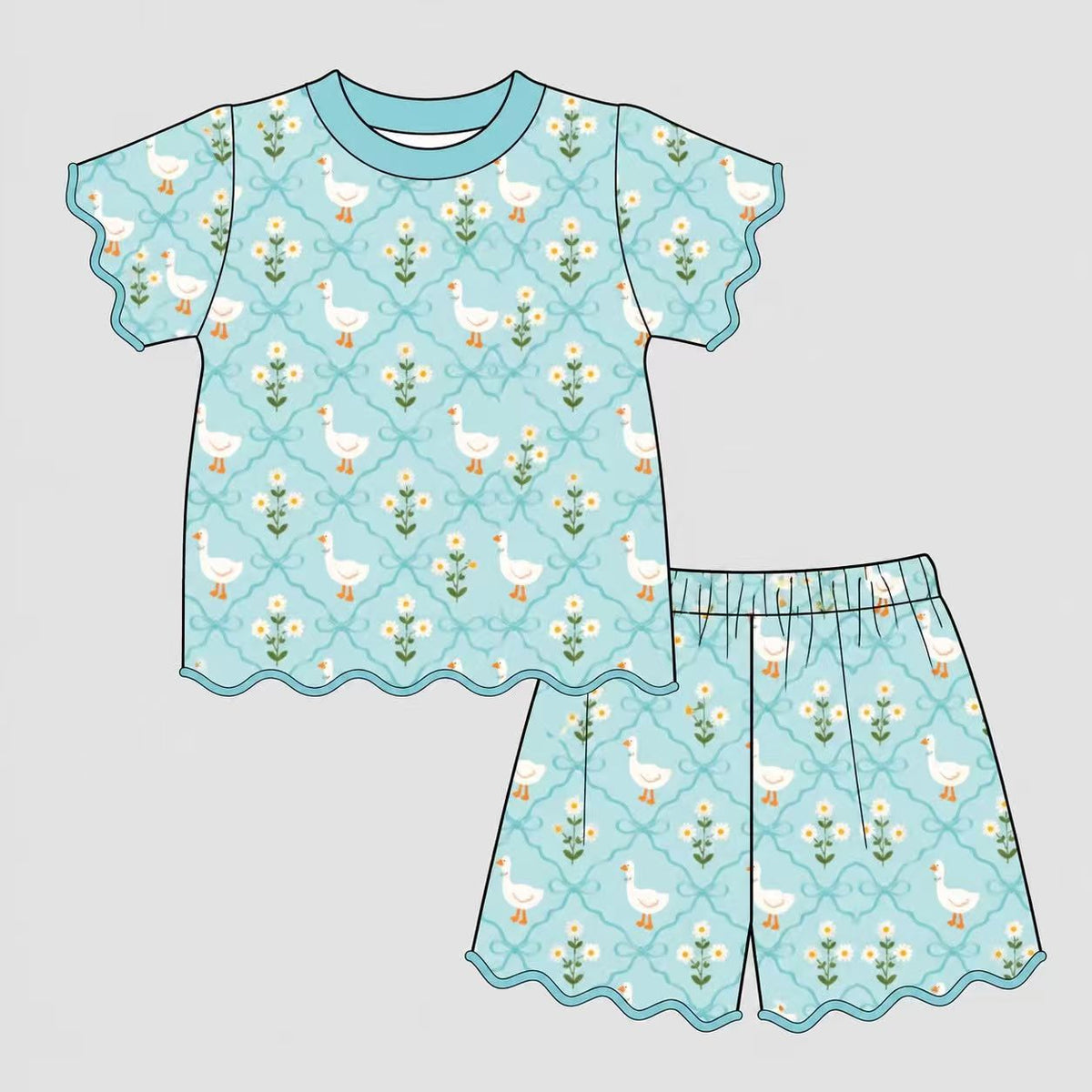 (Preorder new) No moq GSSO3878 Baby Girls White Duck Daisy Bow Lattice Print Light Blue Scallop Ruffle Short Sleeve Top And Ruffle Shorts Summer Set