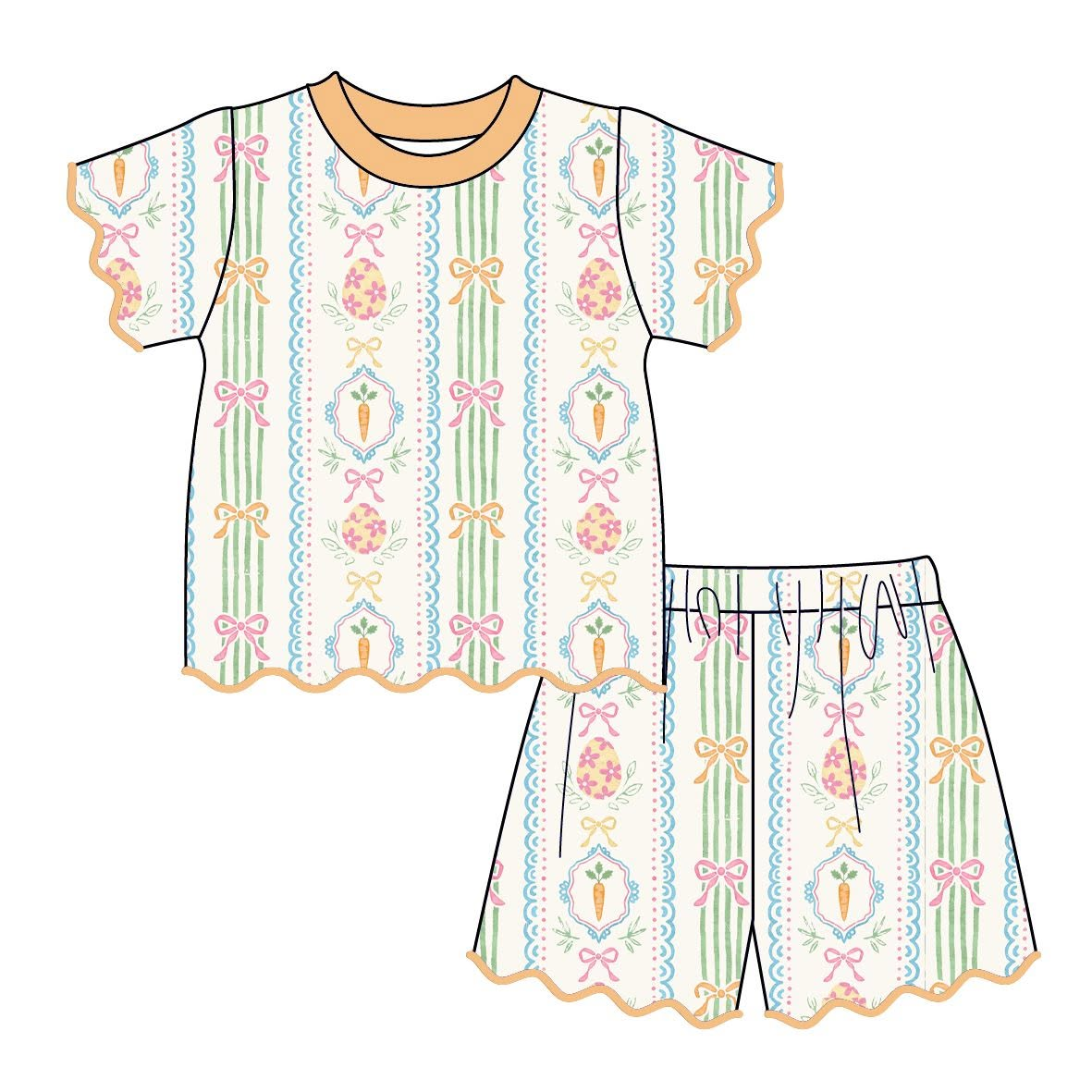 (Preorder new) No moq GSSO3879 Baby Girls Easter Egg Carrot Bow Vertical Stripe Print Orange Scallop Ruffle Short Sleeve Top And Ruffle Shorts Set