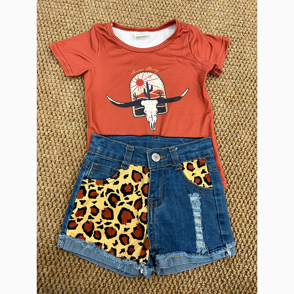 RTS NO MOQ ETA 5/7days Arrived GT0106+D5-14 girls bull head cactus brown short-sleeved top leopard button blue denim shorts
