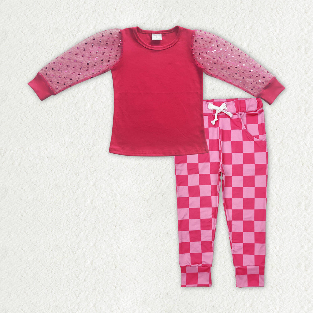 RTS NO MOQ ETA 5/7days Arrived GT0176+P0700 Rose red lace long-sleeved top plaid lace trousers sets