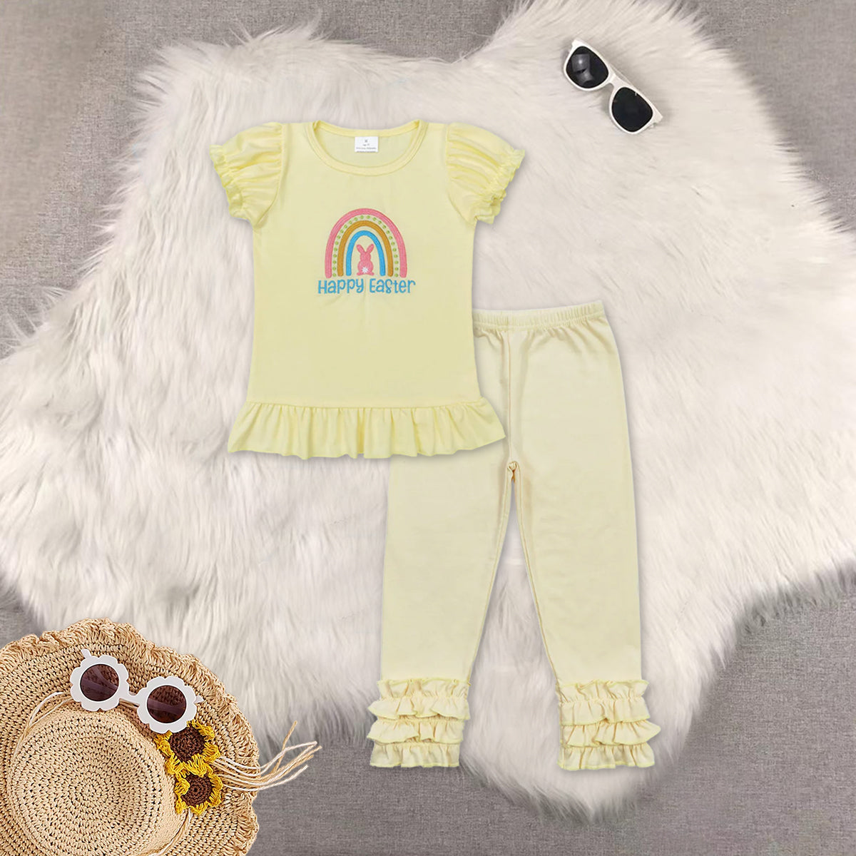 RTS NO MOQ(In Stock) embroidery short-sleeved top yellow Pants set