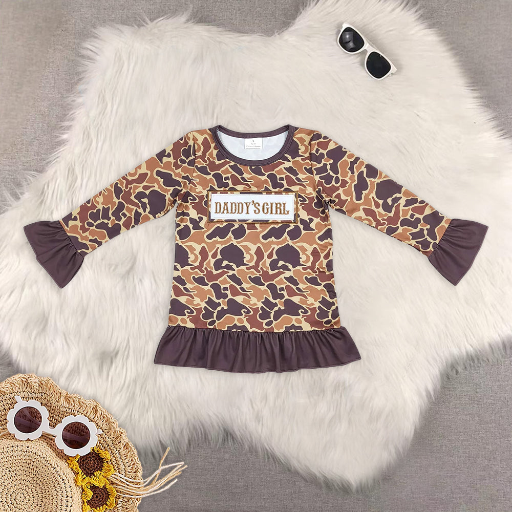 RTS NO MOQ Baby girls clothes embroidery Camouflage pullover long sleeve top