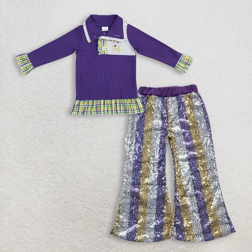 RTS NO MOQ(In Stock) mardi gras long sleeved top sequined pants set