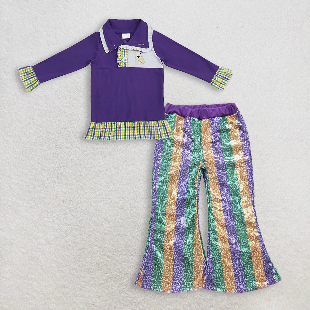 RTS NO MOQ(In Stock) mardi gras long sleeved top sequined pants set