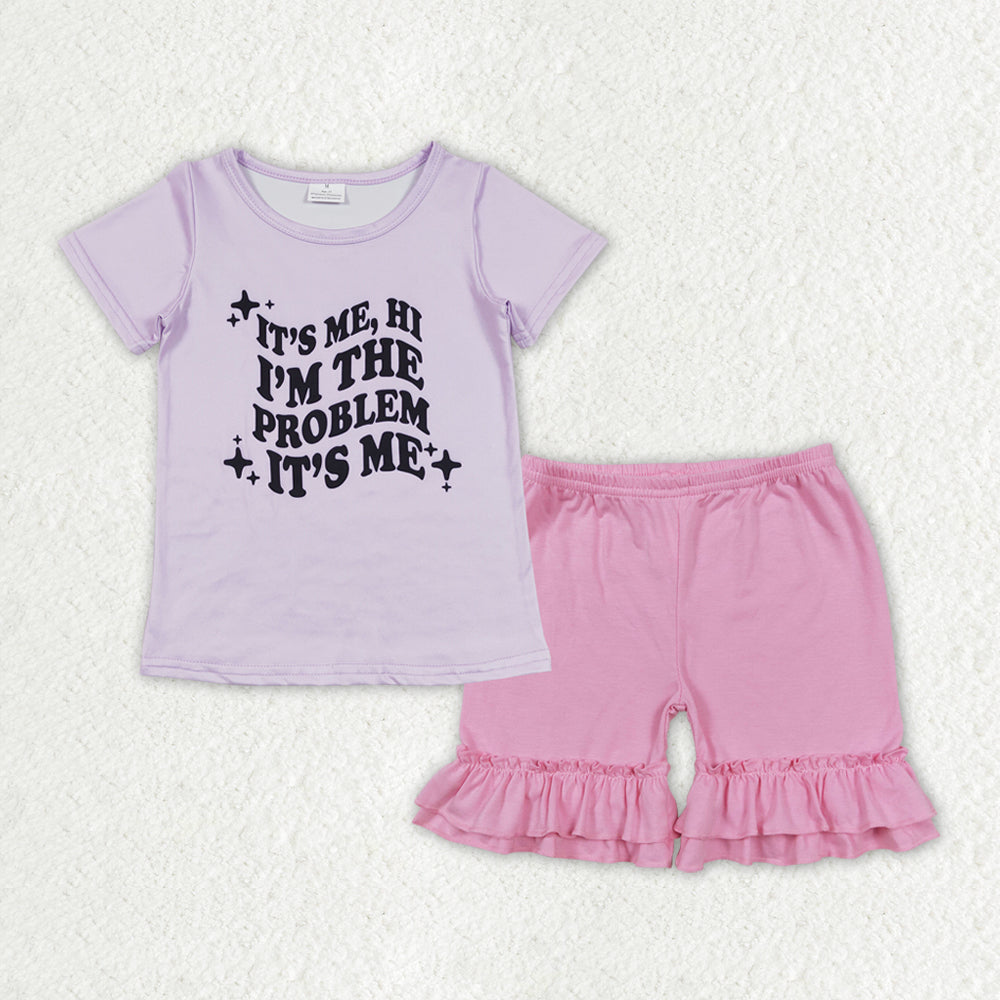 RTS no moq GT0432+SS0181 problem letter purple short-sleeved top Pink and purple lace shorts