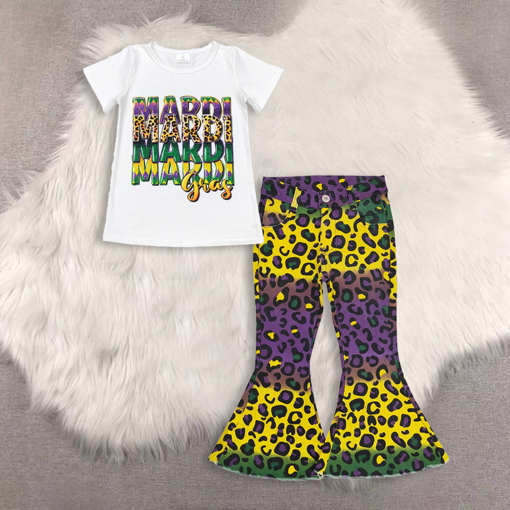 RTS NO MOQ(In Stock) mardi gras bow short-sleeved top jeans pants set