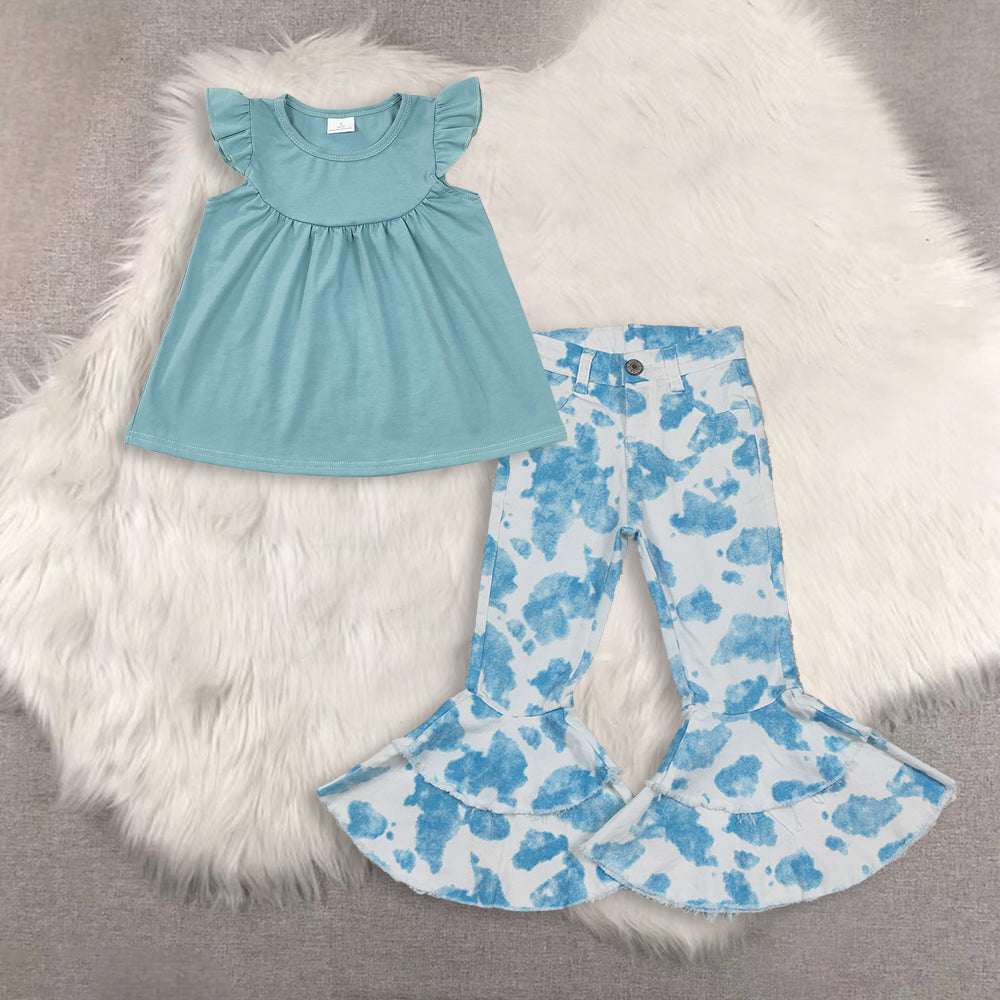 RTS NO MOQ(In Stock) baby girls clothes short-sleeved top demin pants set