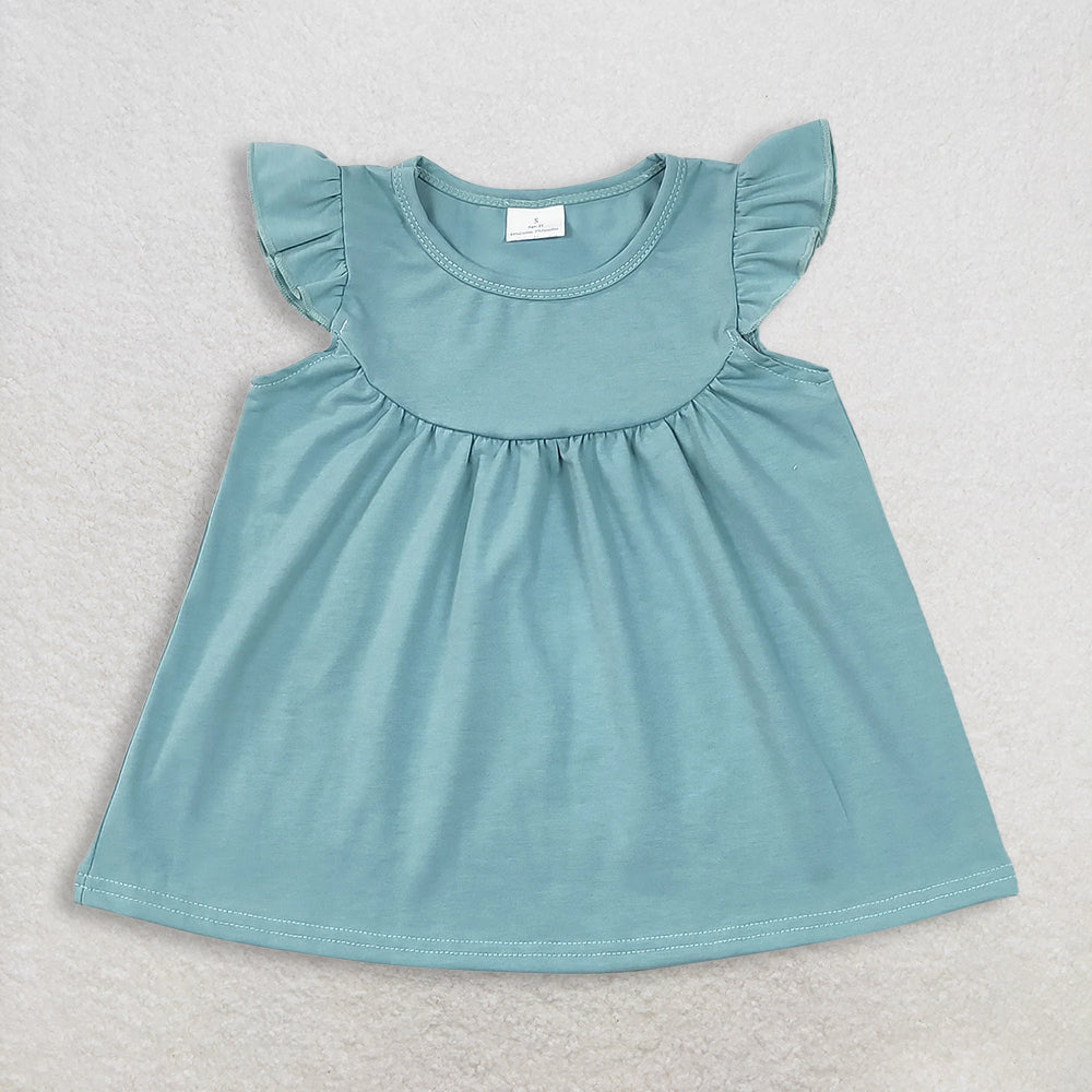 RTS NO MOQ GT0460+P0132 Baby Girls Blue Cotton Flutter Sleeve Tunic Tops Navy Tassel Denim Bell Pants