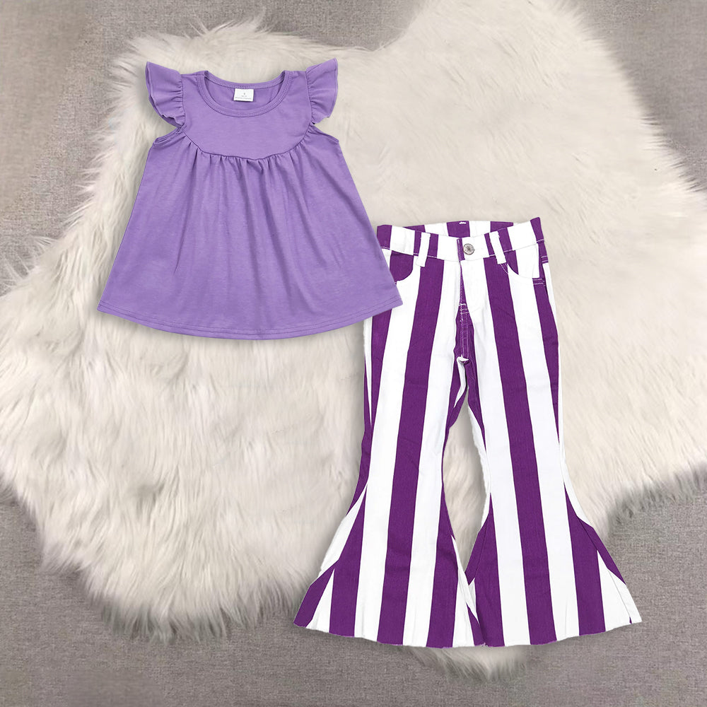 RTS NO MOQ(In Stock) purple short-sleeved top Purple and white striped denim jeans