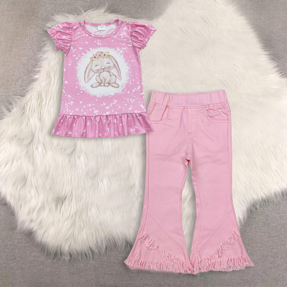RTS NO MOQ(In Stock) baby girls clothes easter embroidery short-sleeved top demin pants set