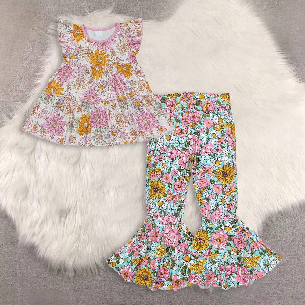RTS NO MOQ(In Stock) baby girls clothes short-sleeved top demin pants set