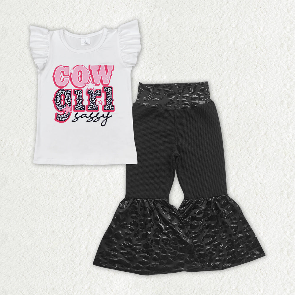 RTS NO MOQ ETA 5/7days Arrived GT0504+P0221 cowgirl sassy letter white lace sleeve top leopard print flared black trousers