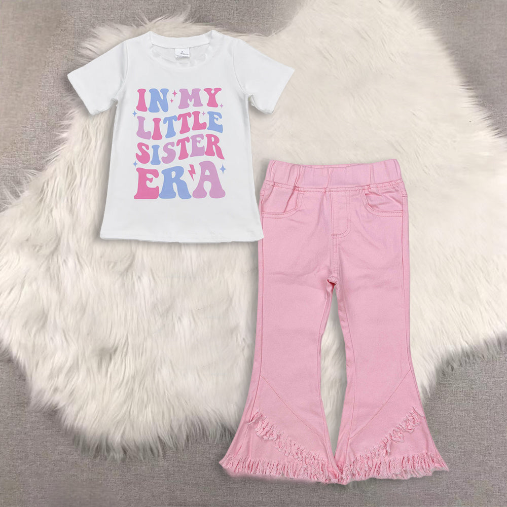 12/18m-14/16t RTS NO MOQ(In Stock) baby girls clothes short-sleeved top demin pants set