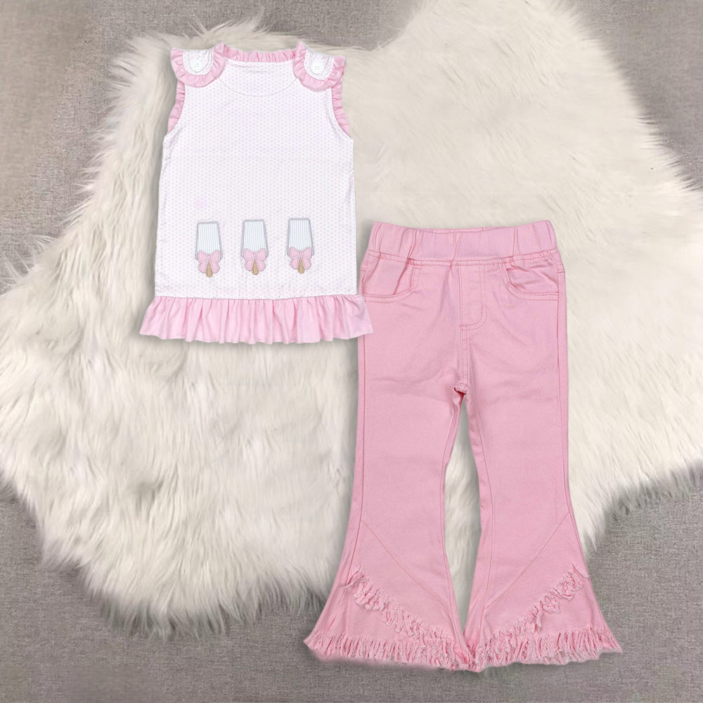6/12m-6/7t RTS NO MOQ(In Stock) baby girls clothes bow floral short-sleeved top demin pants set