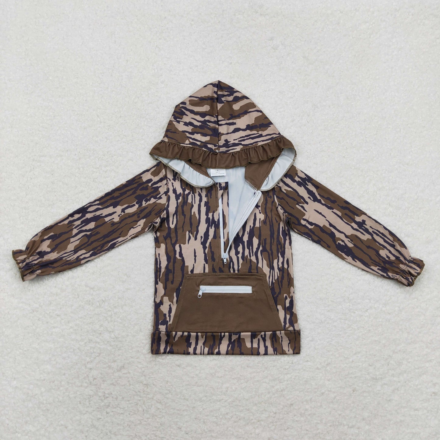 RTS NO MOQ(In Stock) Military green camouflage zipper pocket lace hooded long-sleeved top
