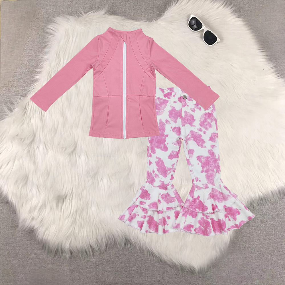 RTS NO MOQ(In Stock) GT0680+P0406 yoga pink zipper long sleeve top cow pattern denim pants sets