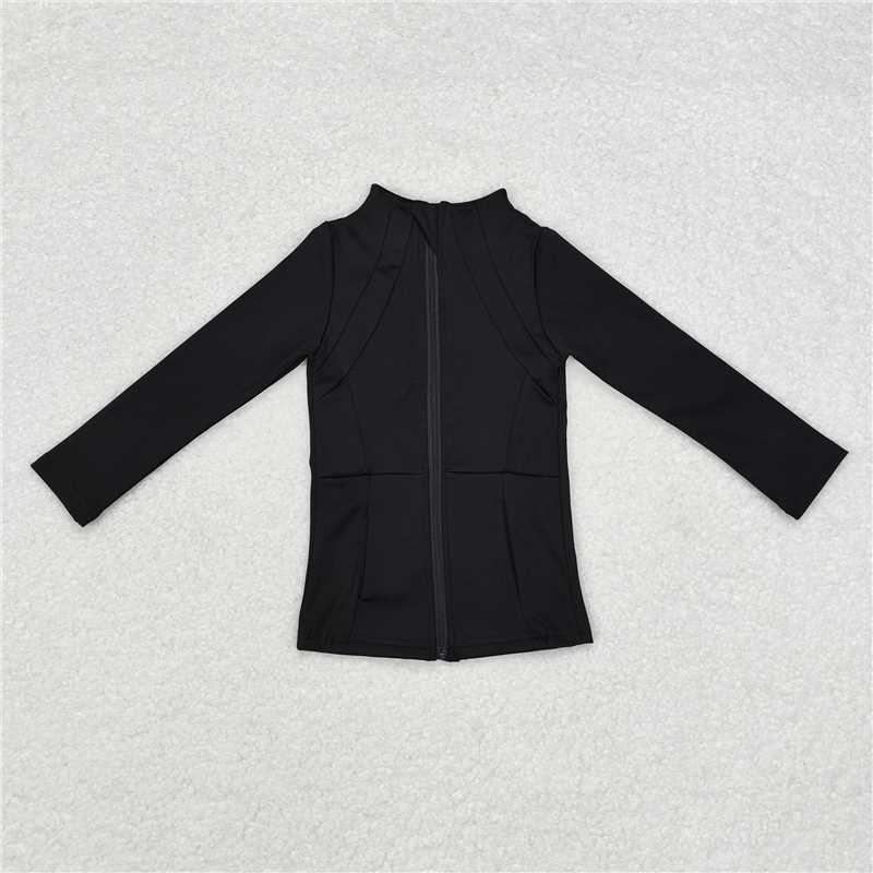 NEW RTS NO MOQ yoga fabric cotton GT0685 Baby Girls Black Long Sleeve Zip Pockets Casual Yoga Active Jackets Top