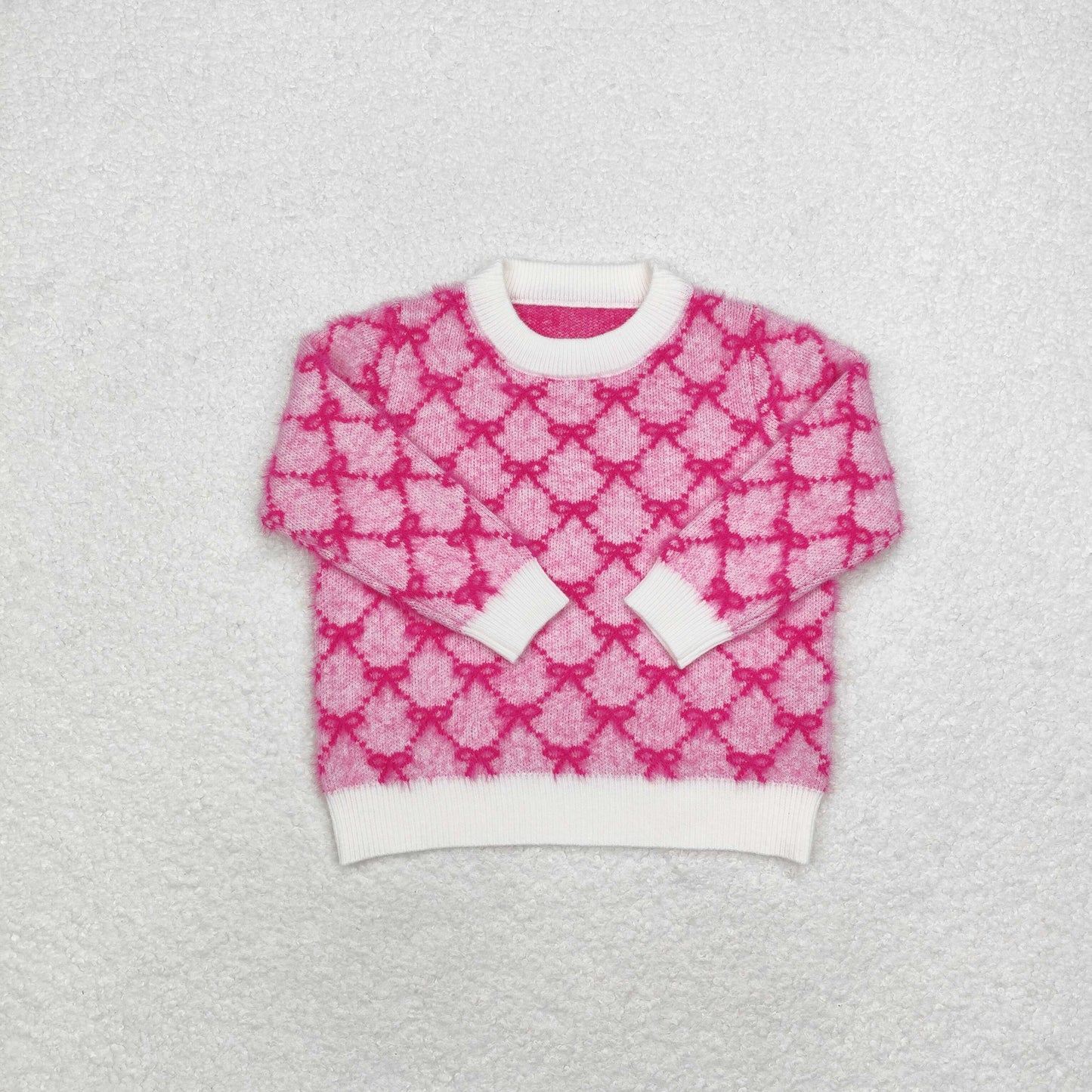 RTS NO MOQ(In Stock) GT0686 Bow pattern imitation mink pink long sleeve sweater