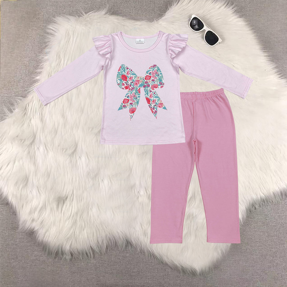 RTS NO MOQ(In Stock) GT0699+P0821 floral bow pink lace long sleeve top Solid Light Pink Trousers set