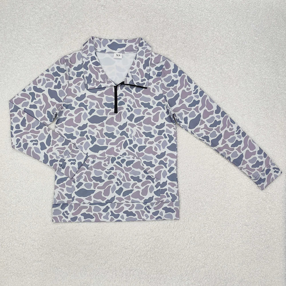 Best Sell RTS Adult Women's Grey Camouflage Long Sleeve Zip Pullover Tee Shirt Top
