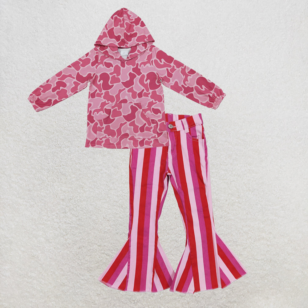NEW RTS NO MOQ Denim GT0866+ P0043 Baby Girls Pink Camo Print Hoodie With Front Pocket And Valentines Pink Stripe Denim Pants Jeans Set
