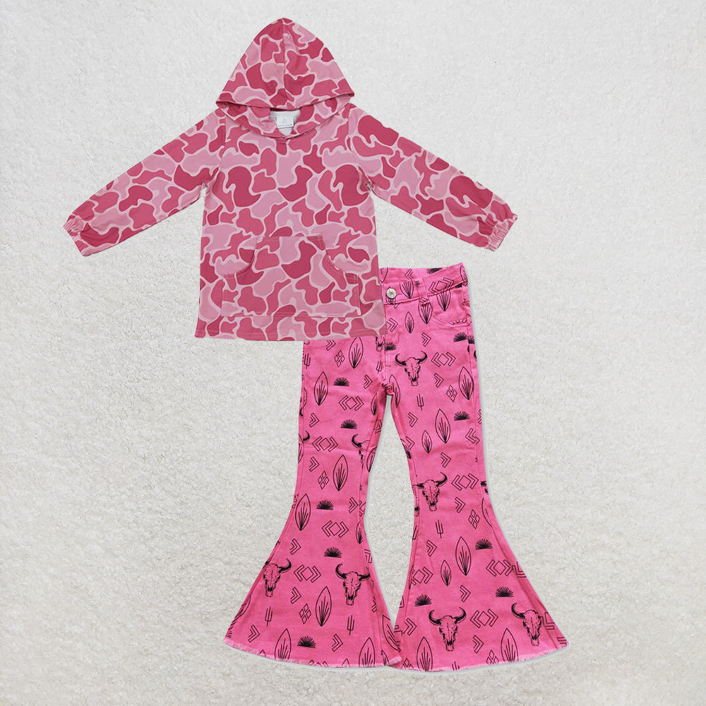 NEW RTS NO MOQ Denim GT0866+ P0159 Baby Girls Pink Camo Print Hoodie With Front Pocket And Western Pink Cow Denim Pants Jeans Set