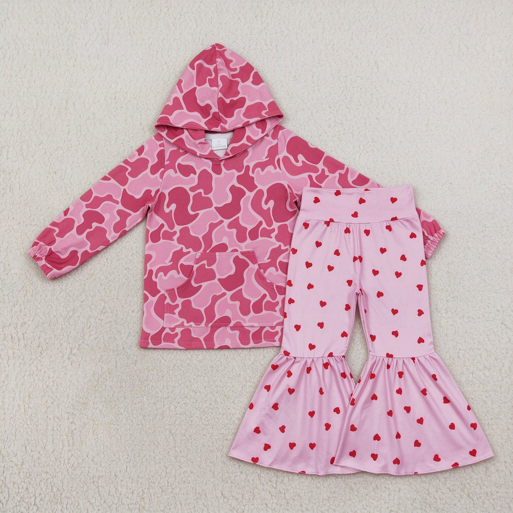 NEW RTS NO MOQ milk silk GT0866+P0339 Baby Girls Pink Camo Print Hooded Top Pink Hearts Bell Bottom Pants Set