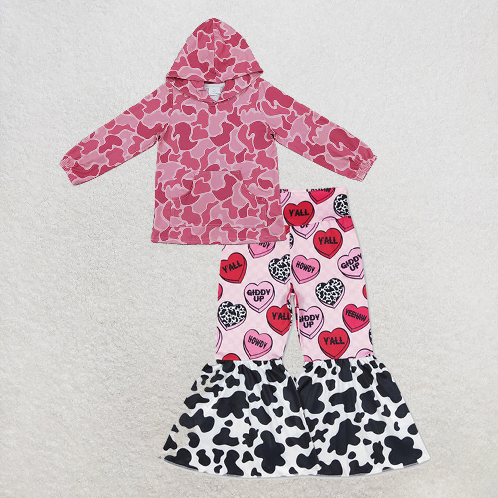 NEW RTS NO MOQ milk silk GT0866+P0344 Baby Girls Pink Camo Print Hooded Top Valentines Western Hearts Bell Bottom Pants Set