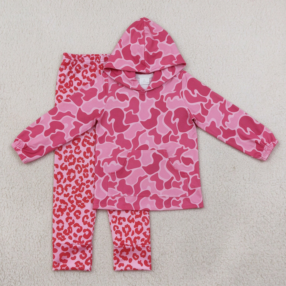 NEW RTS NO MOQ milk silk GT0866+P0386 Baby Girls Pink Camo Print Hooded Top Pink Leopard Elastic Pants Set