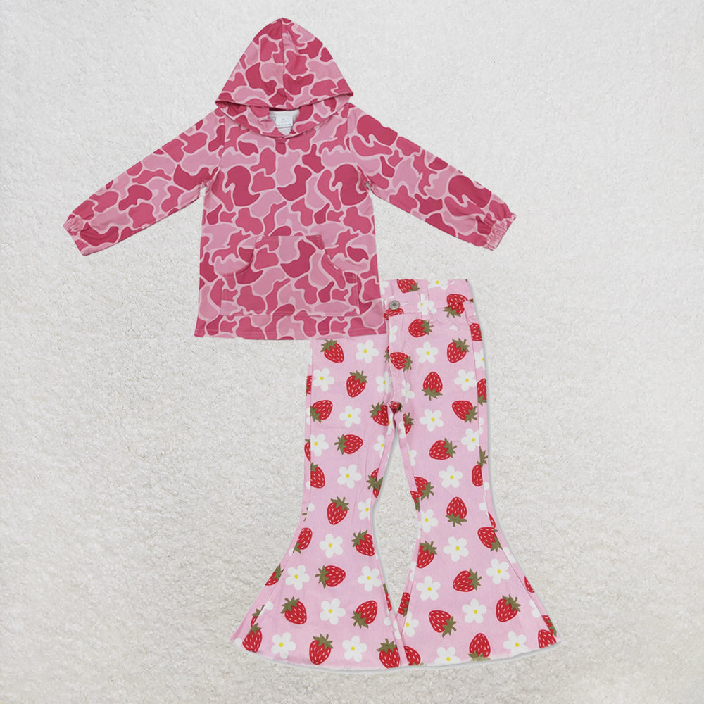 NEW RTS NO MOQ Denim GT0866+ P0396 Baby Girls Pink Camo Print Hoodie With Front Pocket And Strawberry Flowers Denim Pants Jeans Set