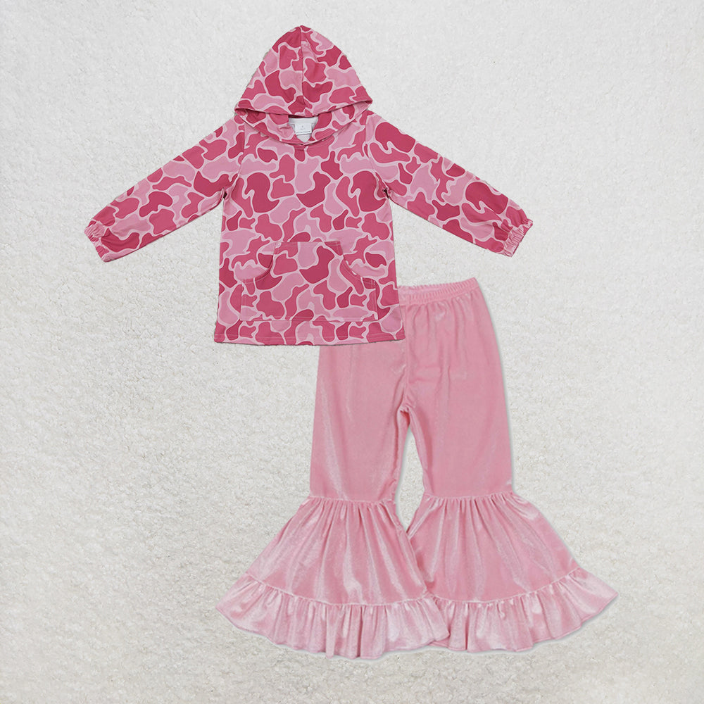 NEW RTS NO MOQ milk silk GT0866+P0416 Baby Girls Pink Camo Print Hooded Top Pink Velvet Ruffle Bell Bottom Pants Set
