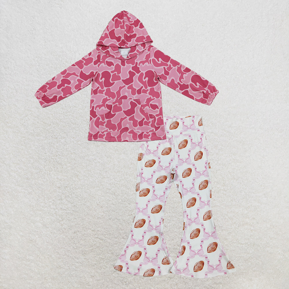 NEW RTS NO MOQ yoga fabric GT0866+P0780 Baby Girls Pink Camo Print Hooded Top Pink Bow Footballs Plaid Yoga Active Bell Bottom Pants Set