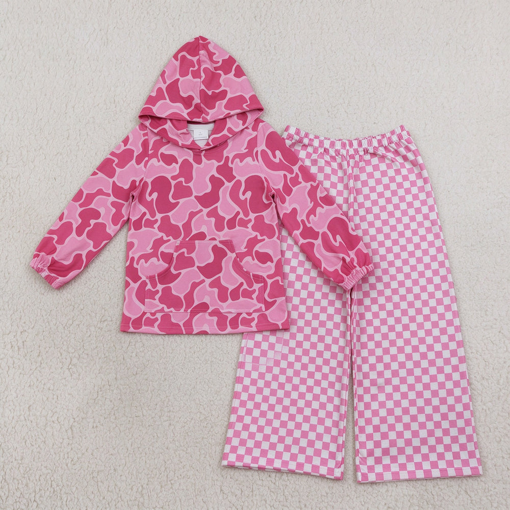 NEW RTS NO MOQ milk silk GT0866+P1018 Baby Girls Pink Camo Print Hooded Top Pink Checked Flare Pants Bottom Set
