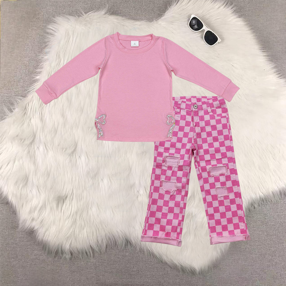 RTS NO MOQ(In Stock ) GT0872+P0096 embroidery bow long sleeve top denim pants sets