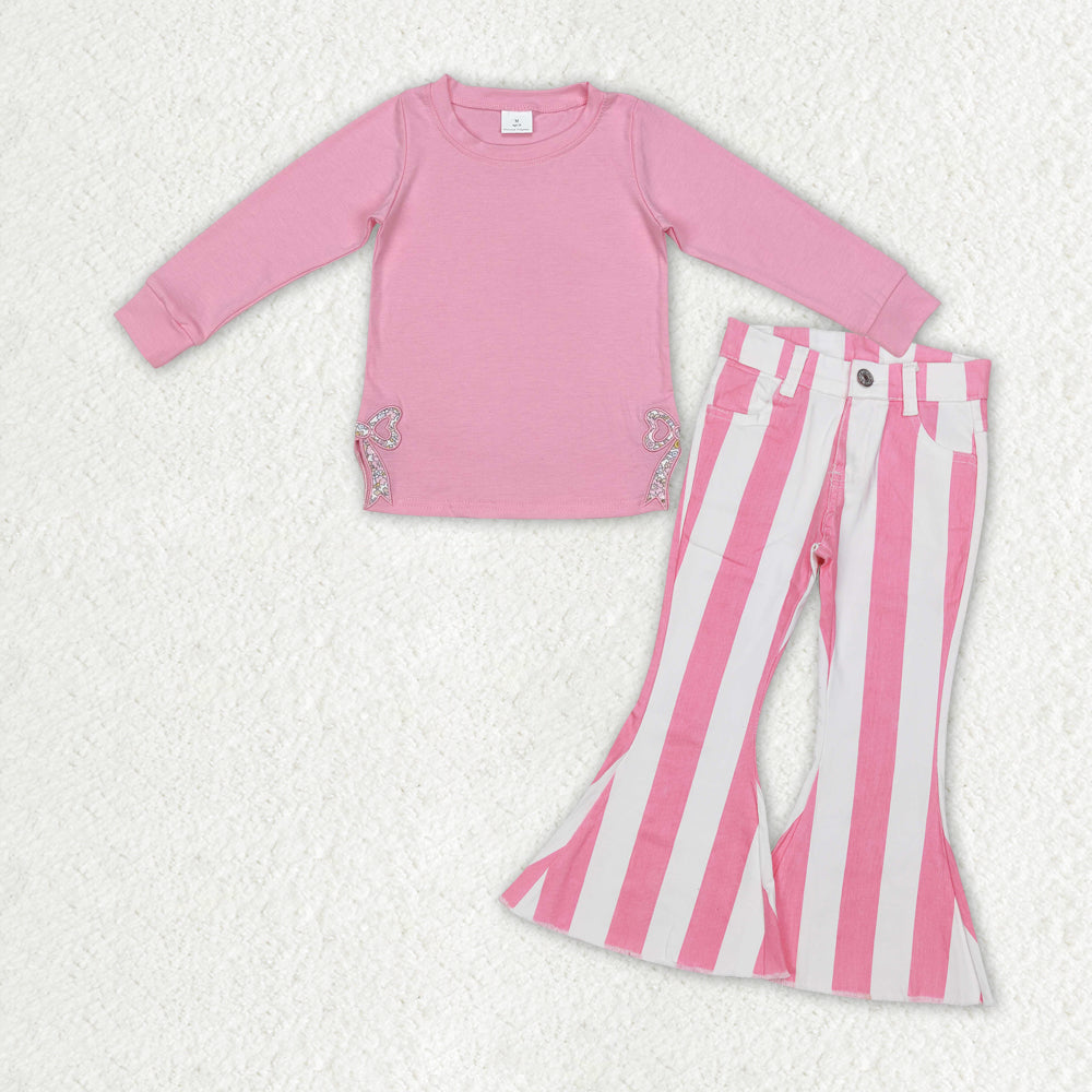 RTS NO MOQ ETA 5/7days arrived GT0872+P0315 Pink long-sleeved top with embroidered flower and bow pattern striped denim pants