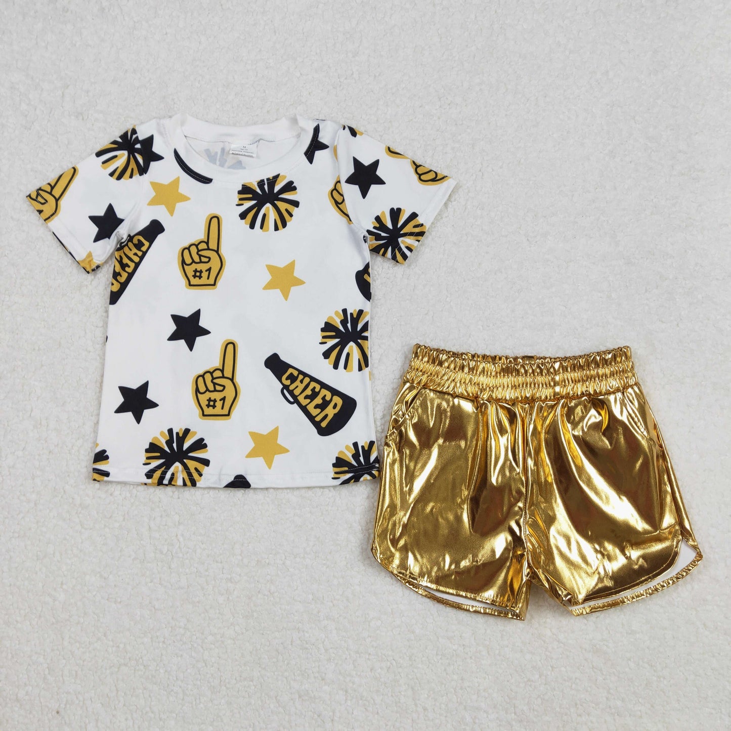 RTS NO MOQ ETA 5/7days Arrived GT0939+SS0417 Cheer black and gold fireworks star white short-sleeved top Glossy leather shorts