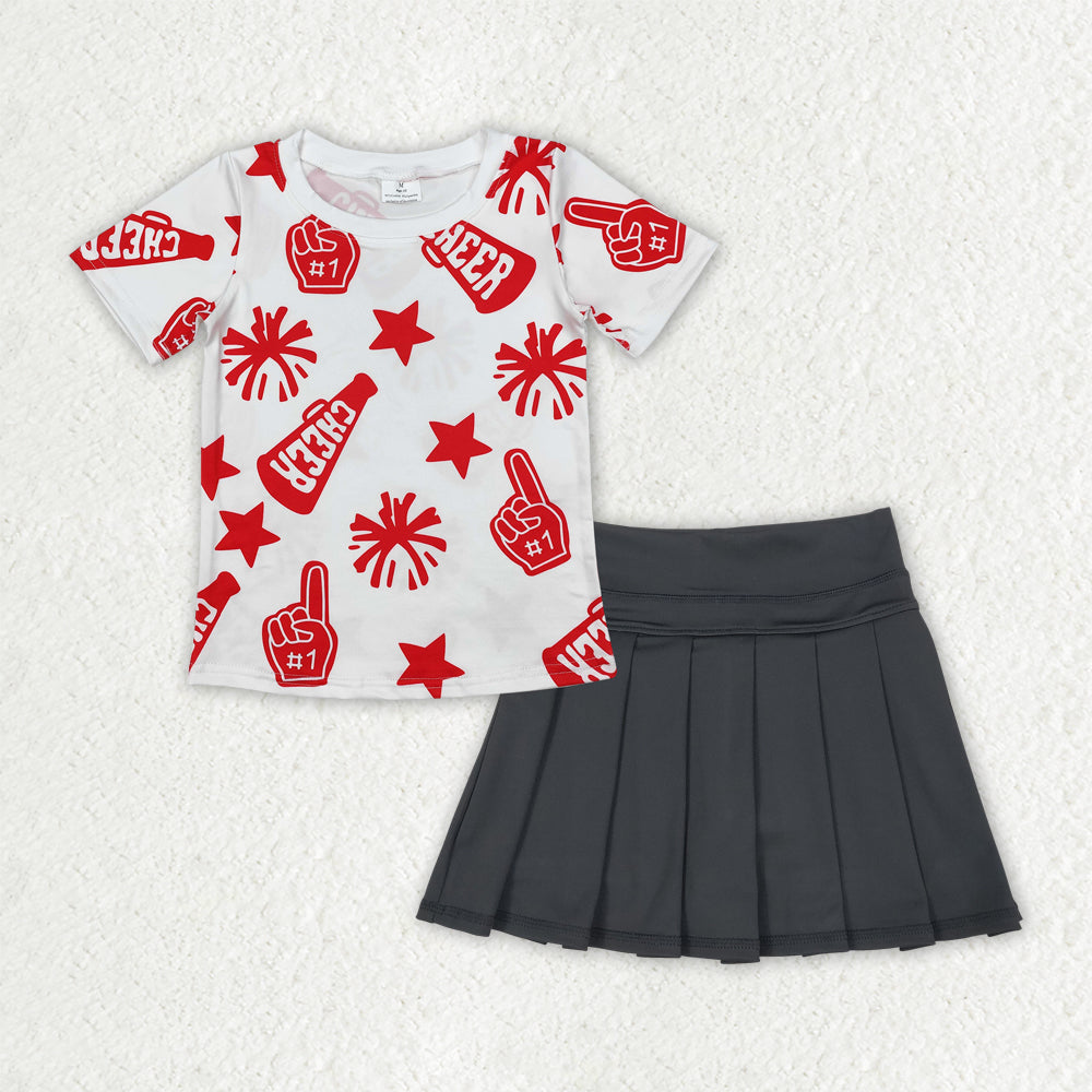 RTS NO MOQ GT0940+GLK0087 Cheer red fireworks stars white short-sleeved top solid black yoga skirt sets
