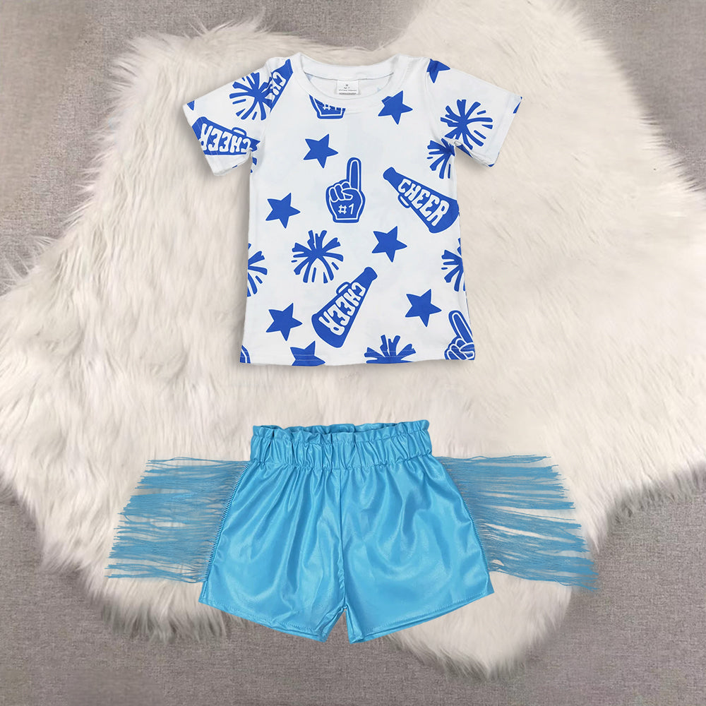 RTS NO MOQ(In Stock) short-sleeved top shiny leather fringed shorts sets