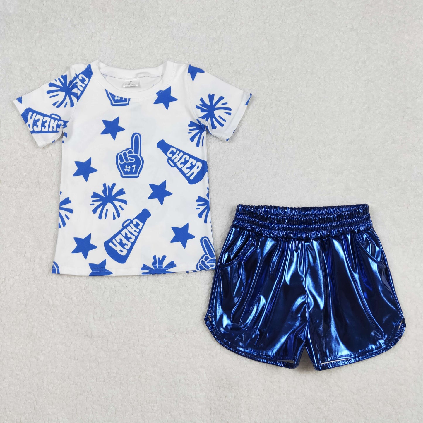 RTS NO MOQ ETA 5/7days Arrived GT0941+SS0409 Cheer blue fireworks stars white short-sleeved top Glossy leather royal blue shorts