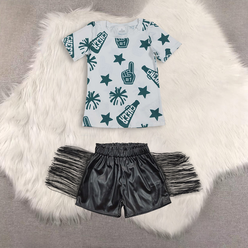 RTS NO MOQ(In Stock) short-sleeved top shiny leather fringed shorts sets