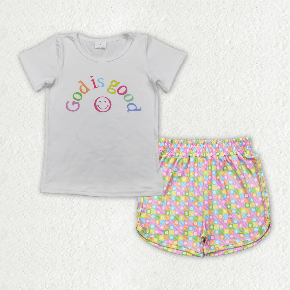 RTS NO MOQ GT0958+SS0474 God is good smiley face white short-sleeved top Flower color plaid shorts sets