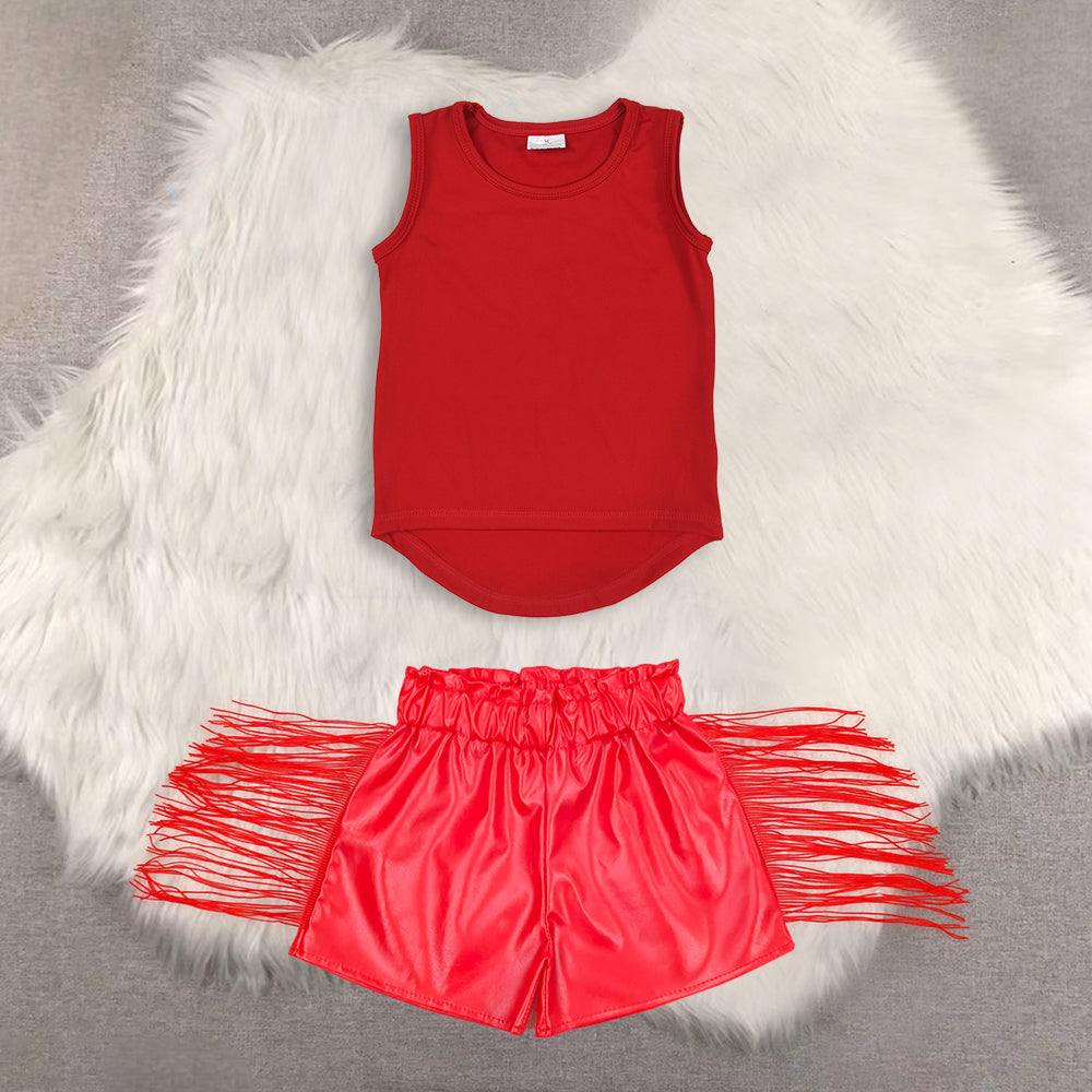 RTS NO MOQ(In Stock) yoga red sleeveless top shiny leather fringed shorts sets