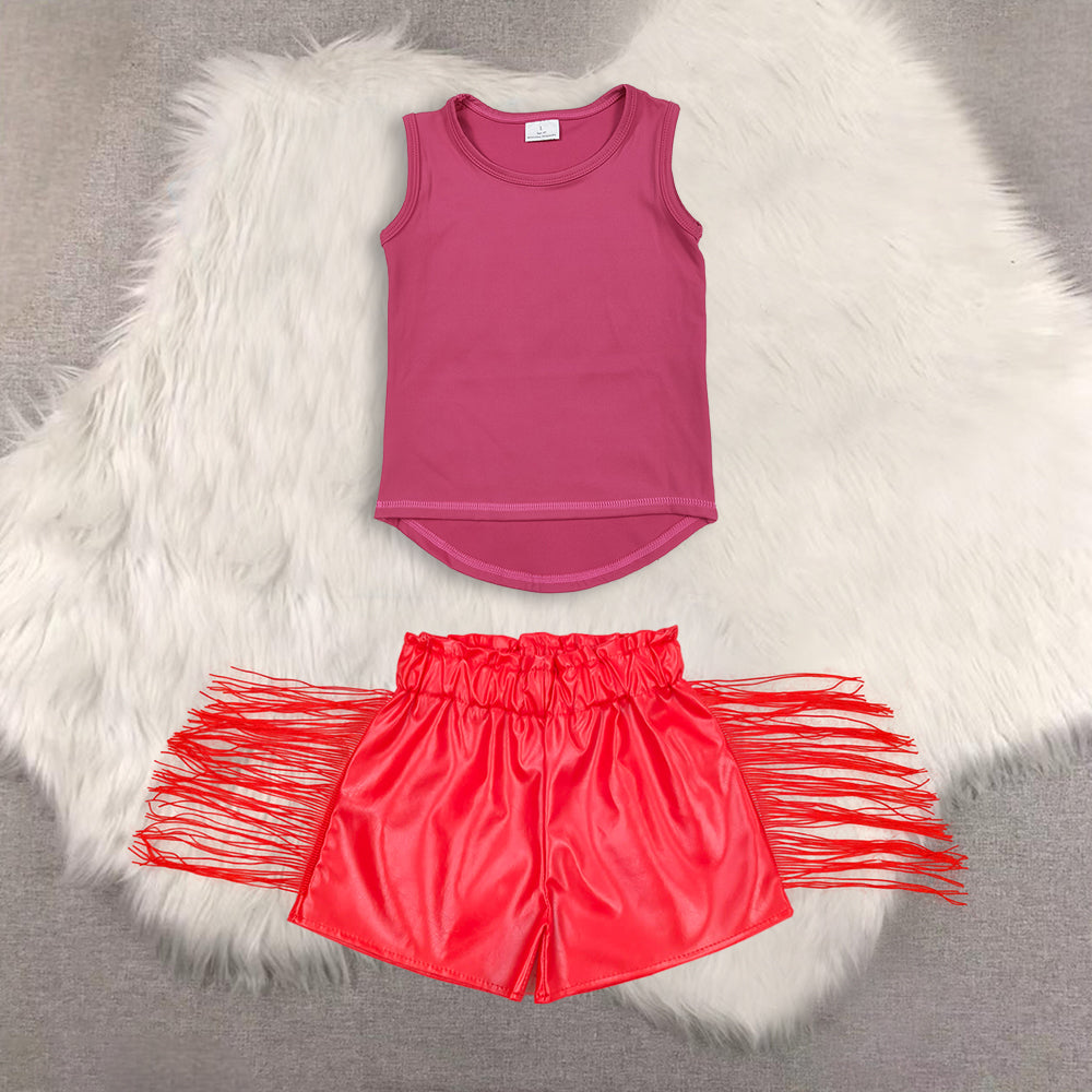 RTS NO MOQ(In Stock) yoga rose red sleeveless top shiny leather fringed shorts sets