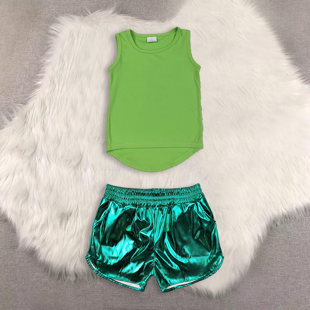 RTS NO MOQ(In Stock) yoga green sleeveless top shiny leather green shorts sets