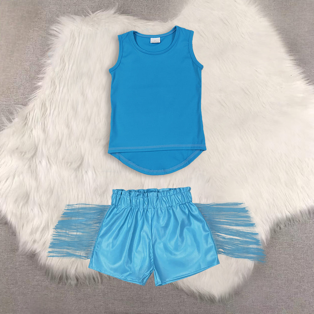 RTS NO MOQ(In Stock) yoga blue sleeveless top shiny leather fringed shorts sets