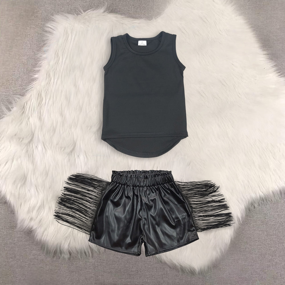 RTS NO MOQ(In Stock) yoga black sleeveless top shiny leather fringed shorts sets