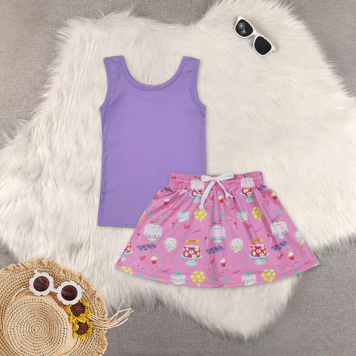 RTS NO MOQ(In Stock) yoga sleeveless top cake skirt sets