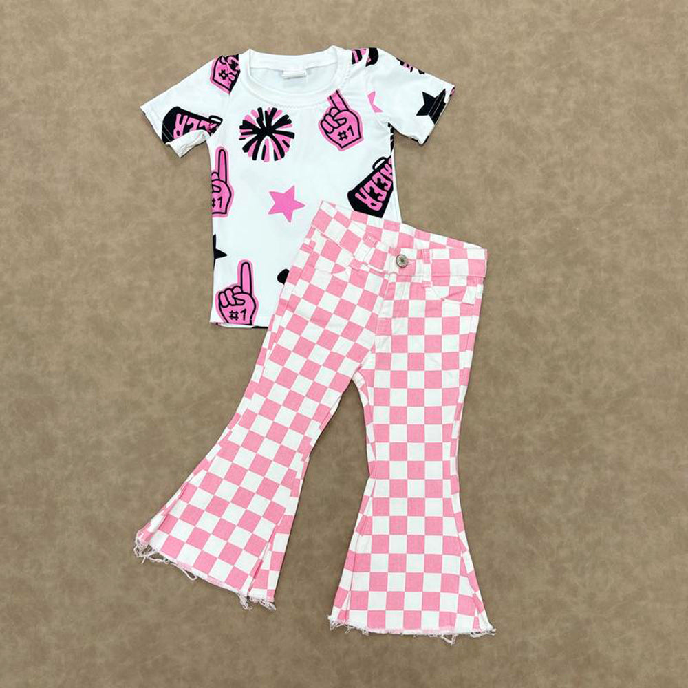 RTS NO MOQ Sibling baby girl clothes cheer short sleeve jeans sets